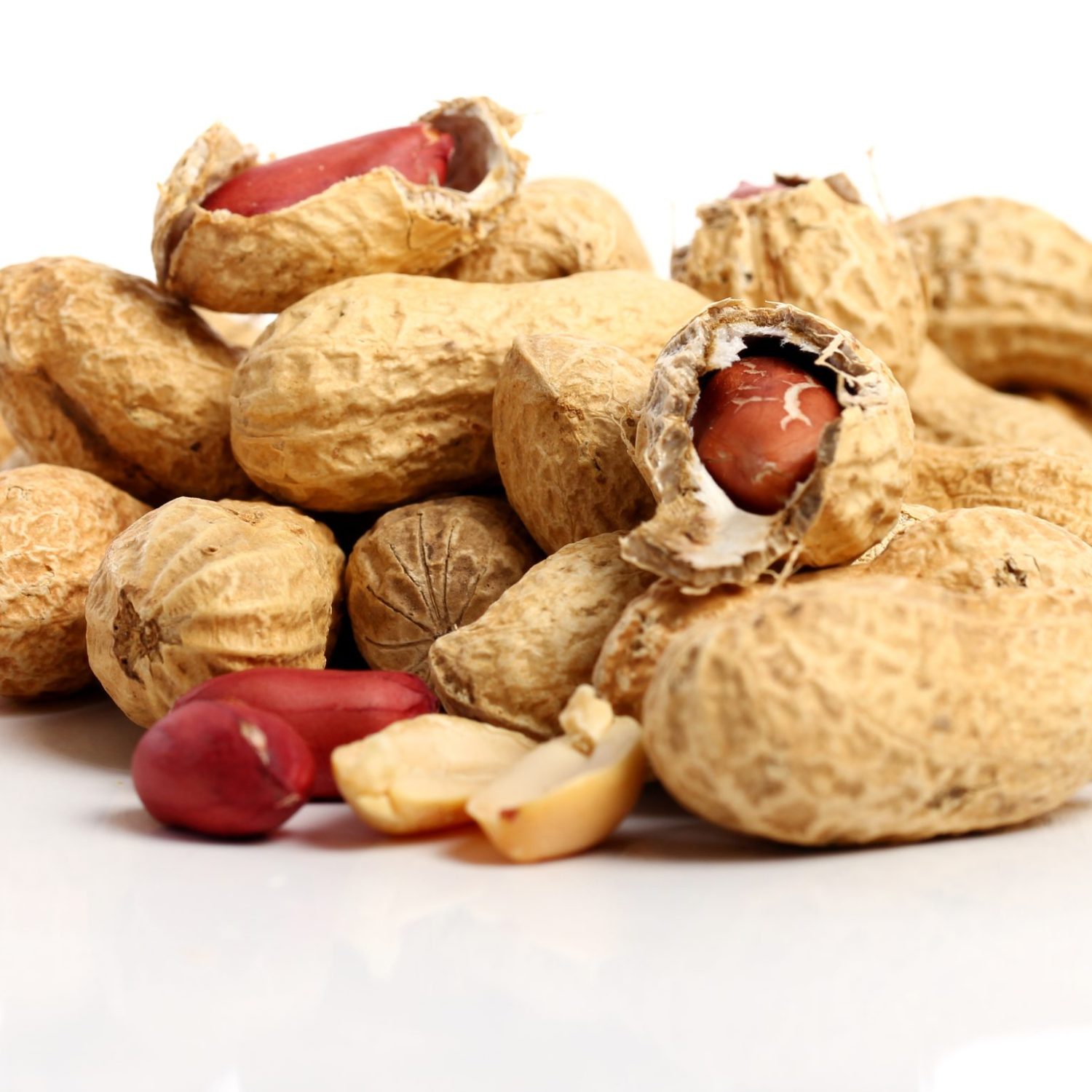 Close up of fresh peanuts against white background